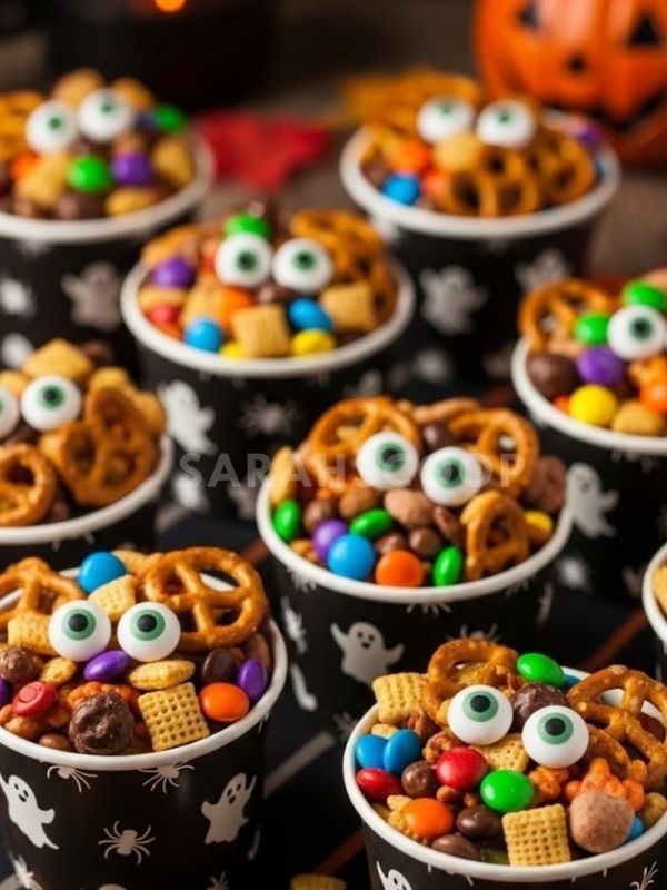 A bowl of mixed pretzels, candy corn, chocolate-covered raisins, and orange candy eyes.